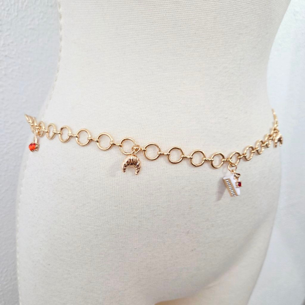 Haute Hippie charm belt gold chain cake cherry desserts french croissant L / XL